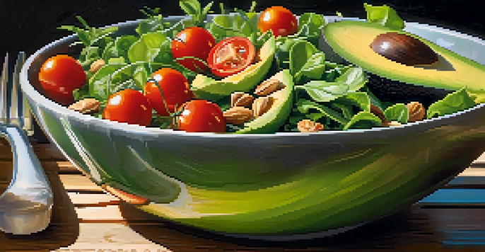 A colorful salad bowl filled with avocado, cherry tomatoes, mixed greens, and nuts, illuminated by soft natural light on a wooden table.