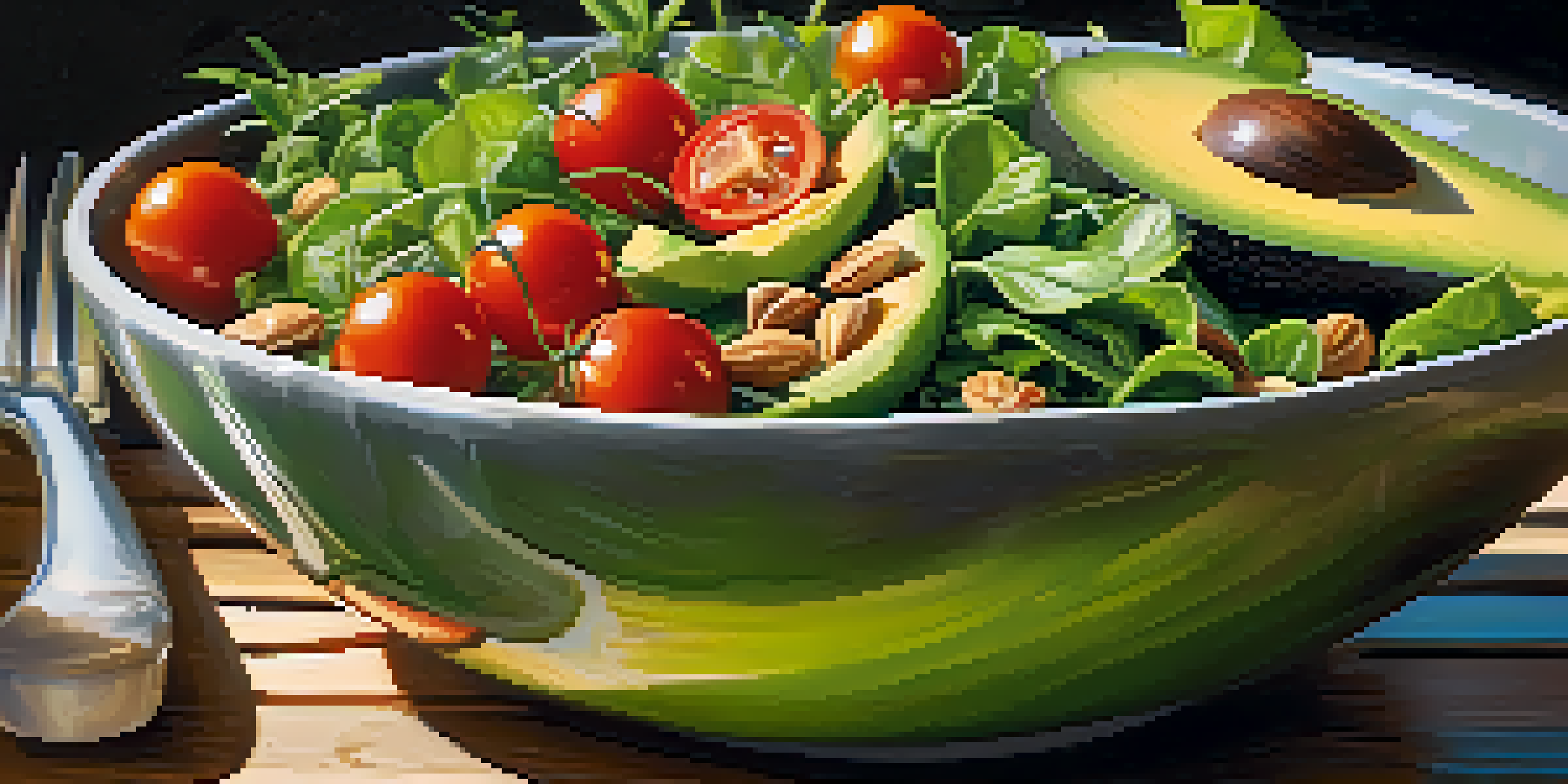 A colorful salad bowl filled with avocado, cherry tomatoes, mixed greens, and nuts, illuminated by soft natural light on a wooden table.