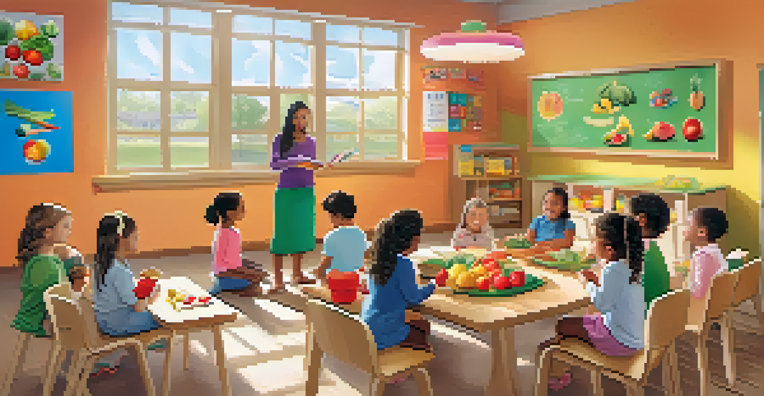 A peaceful early childhood education environment where children are learning about healthy eating with a teacher.