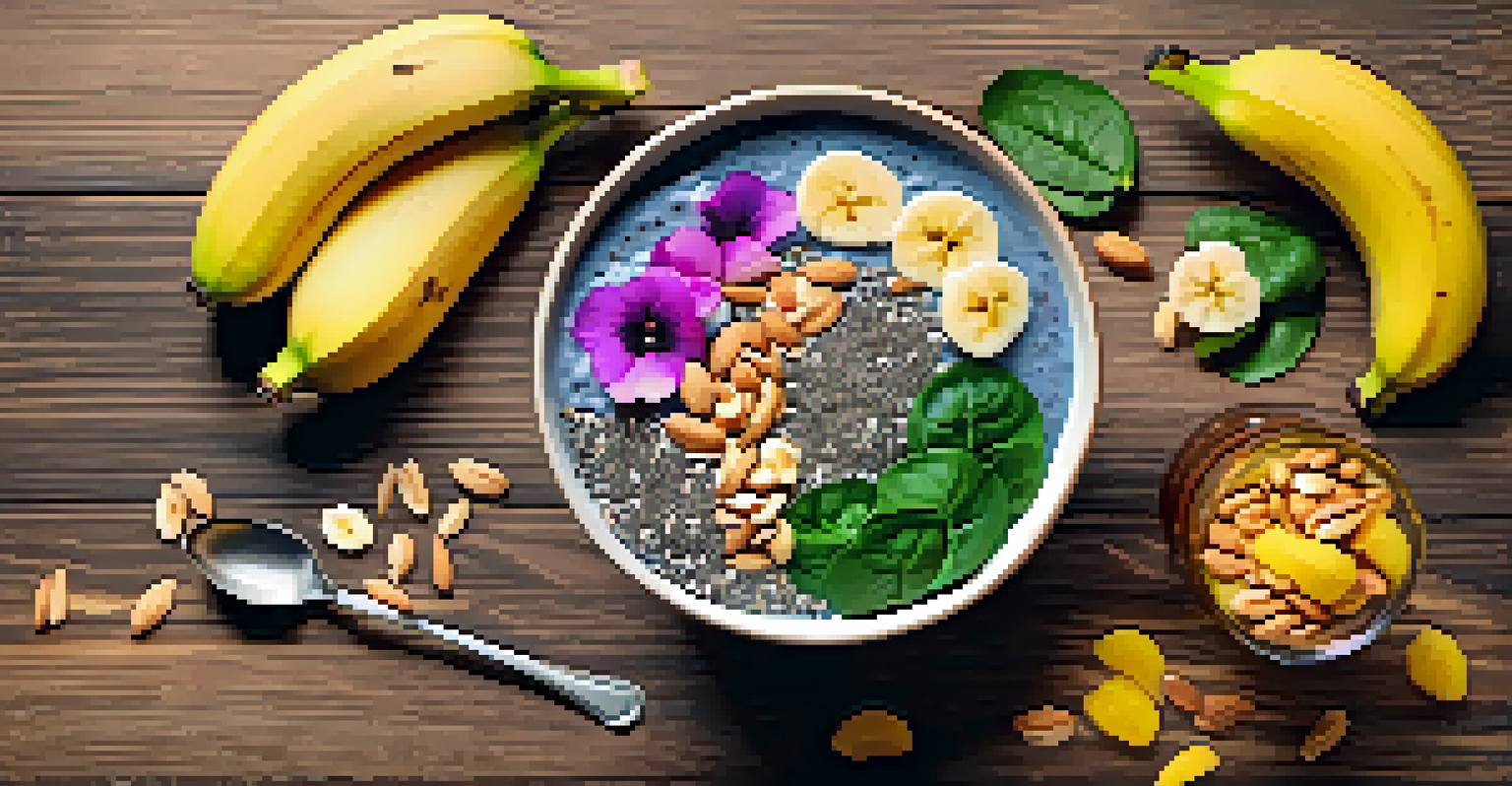 A close-up of a smoothie bowl with bananas, almonds, and spinach, garnished with flowers and chia seeds on a wooden table.