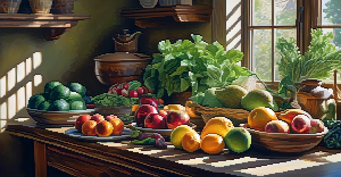 A bright kitchen with a variety of fresh fruits and vegetables on a wooden table, illuminated by sunlight.