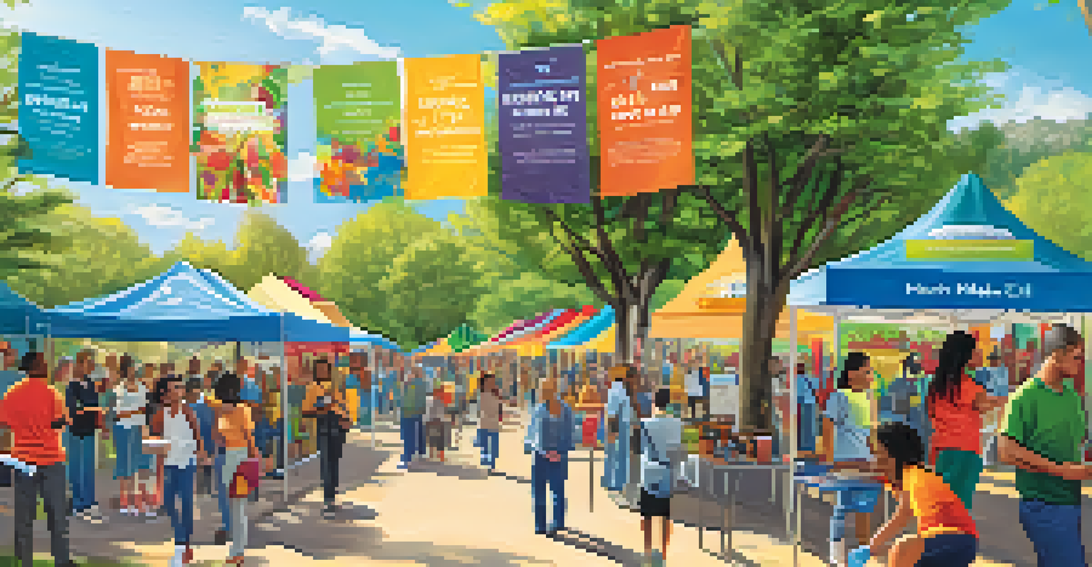 A lively outdoor health fair featuring diverse individuals and booths promoting health equity, with a banner stating 'Health Equity for All'.