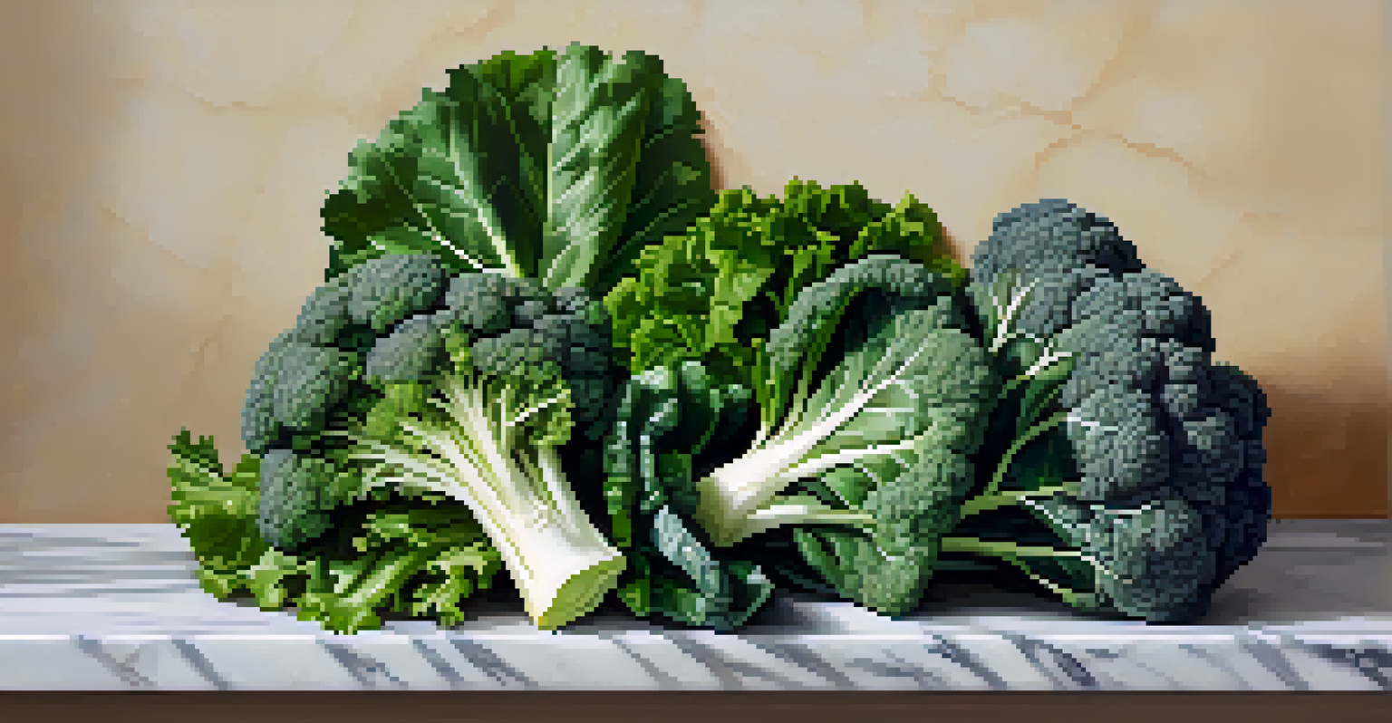 An artistic arrangement of kale, spinach, and collard greens on a marble countertop, illuminated by natural light.