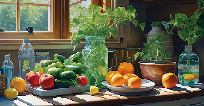A bright kitchen with a countertop displaying colorful fruits, vegetables, a glass pitcher of infused water, and a reusable water bottle, all bathed in warm sunlight.