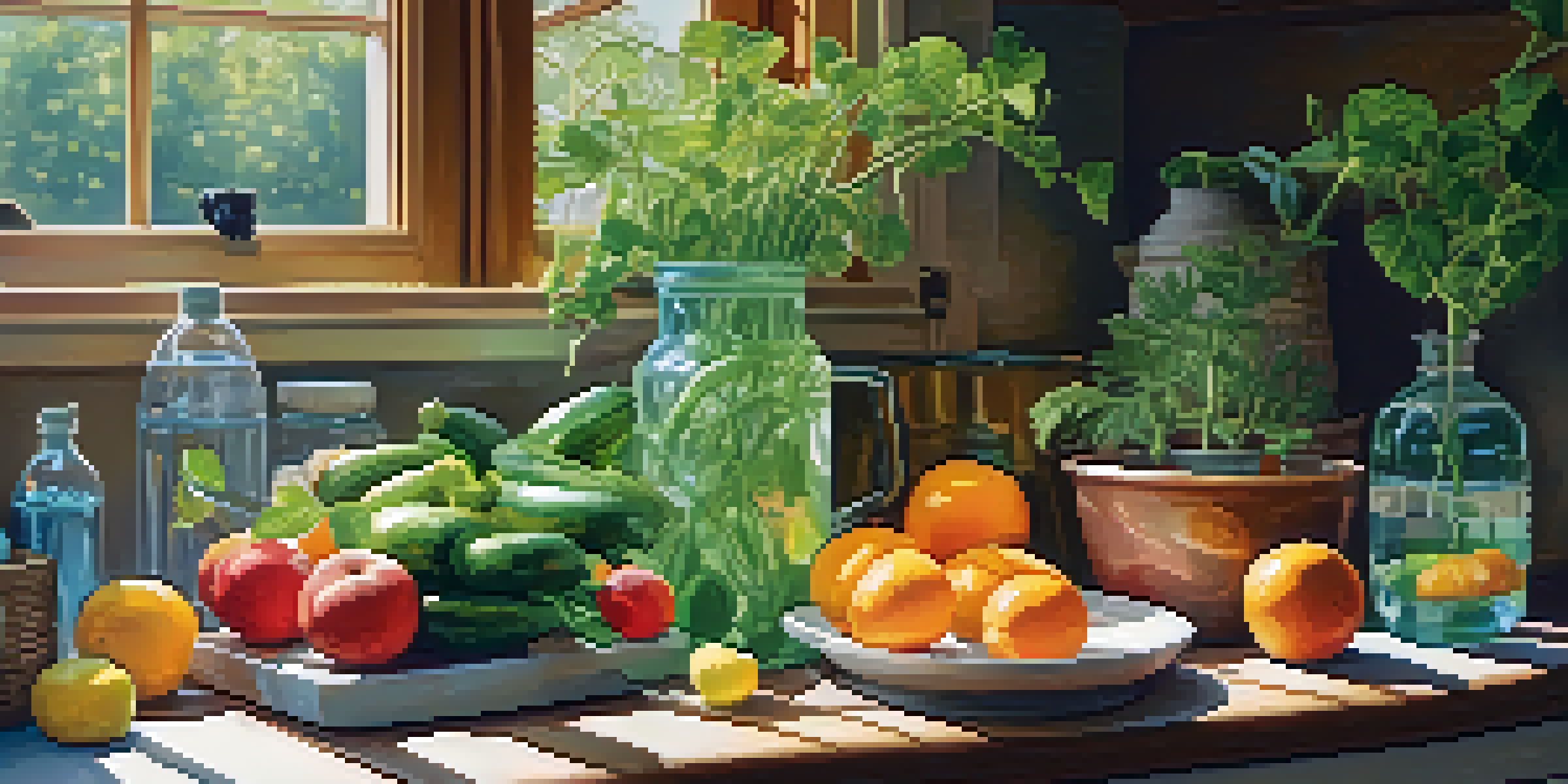 A bright kitchen with a countertop displaying colorful fruits, vegetables, a glass pitcher of infused water, and a reusable water bottle, all bathed in warm sunlight.