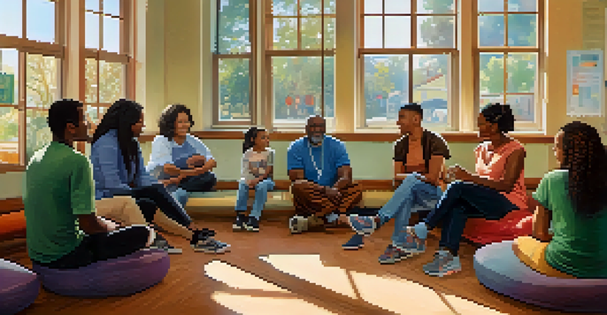 A diverse group of people of different ages and ethnicities sitting in a bright community center, engaged in a supportive discussion with colorful posters on the walls.
