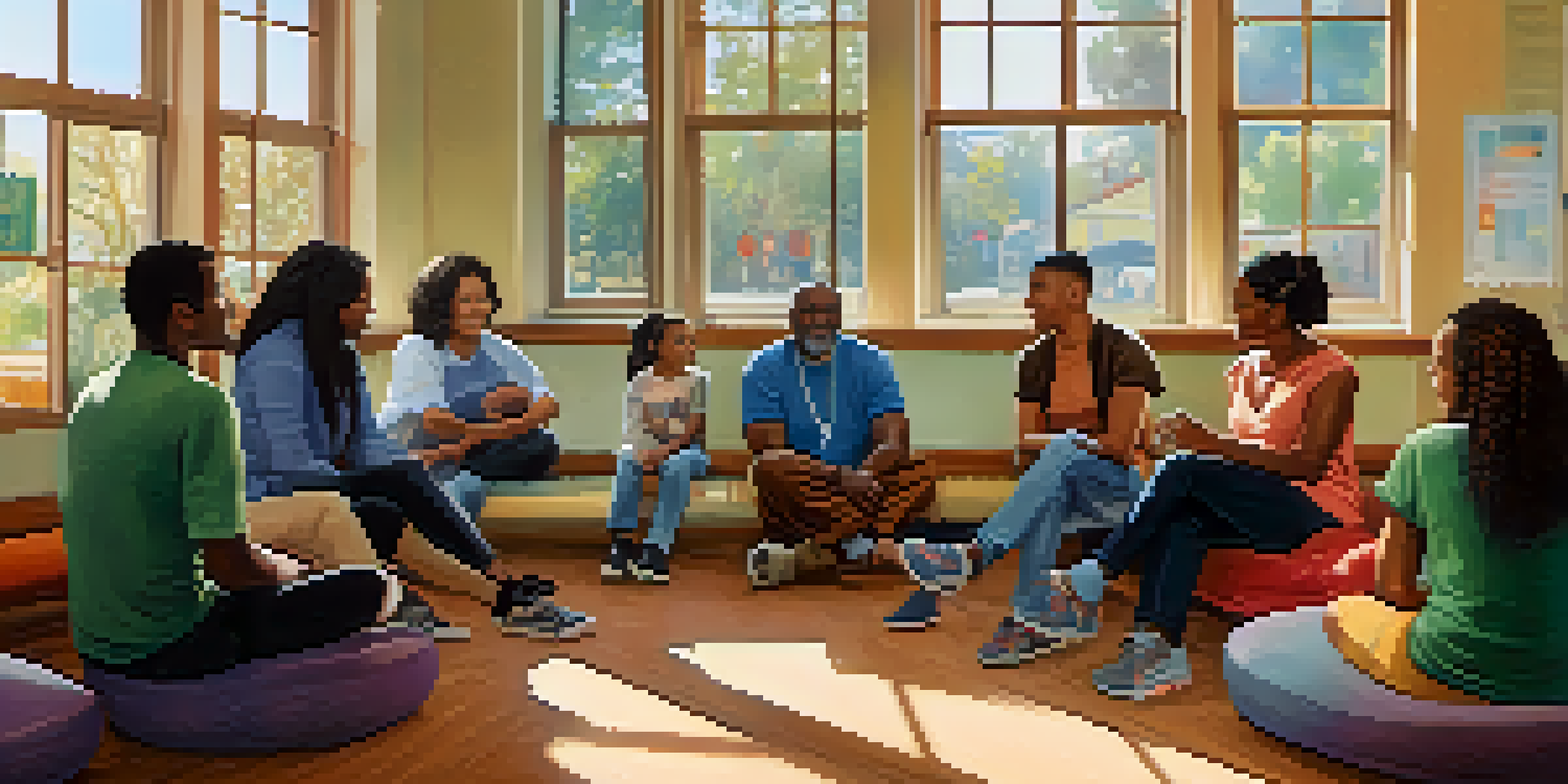 A diverse group of people of different ages and ethnicities sitting in a bright community center, engaged in a supportive discussion with colorful posters on the walls.