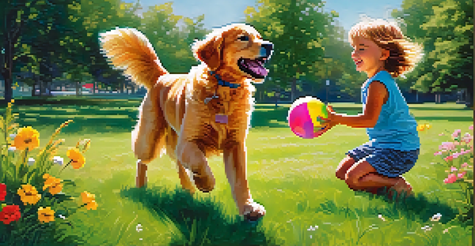 A young child playing joyfully with a golden retriever in a sunny park, with green grass and flowers around.