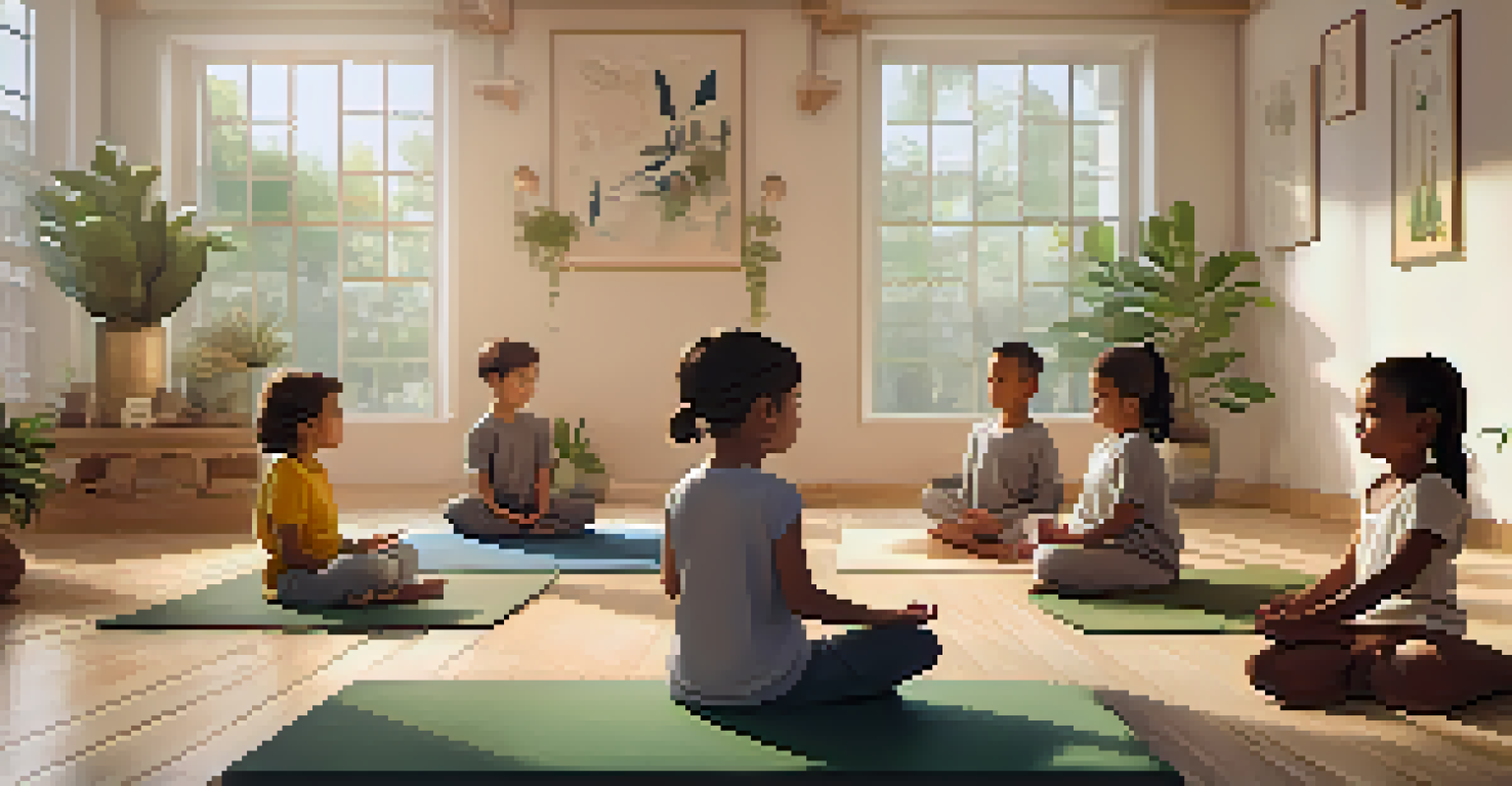 Children practicing mindfulness in a cozy indoor yoga studio, sitting cross-legged with soft lighting and calming decor.