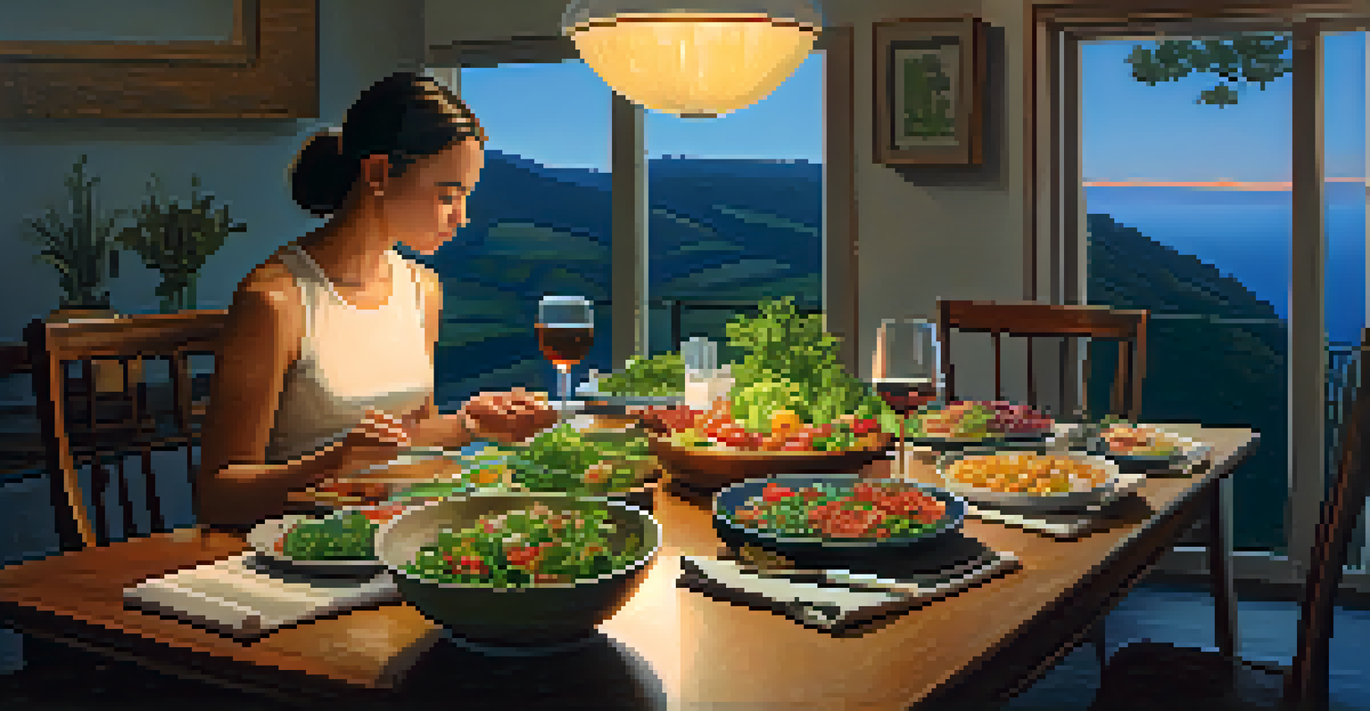 A person enjoying a meal at a dining table, practicing mindful eating with a salad and wholesome foods in a warm, candlelit setting.