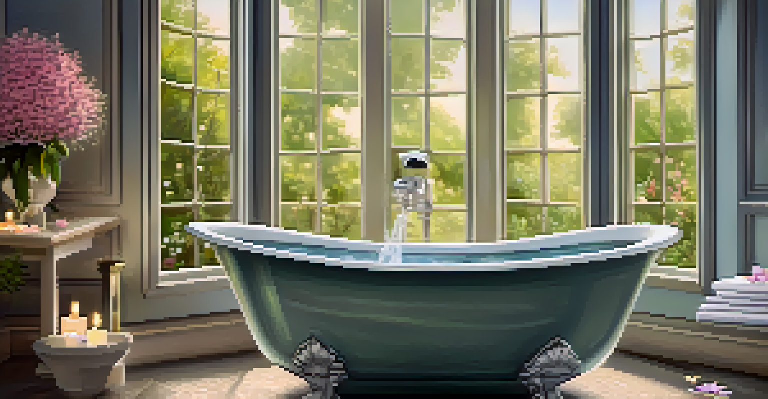 A luxurious bath scene with a tub filled with water and flower petals, essential oils, and candles creating a calming atmosphere.
