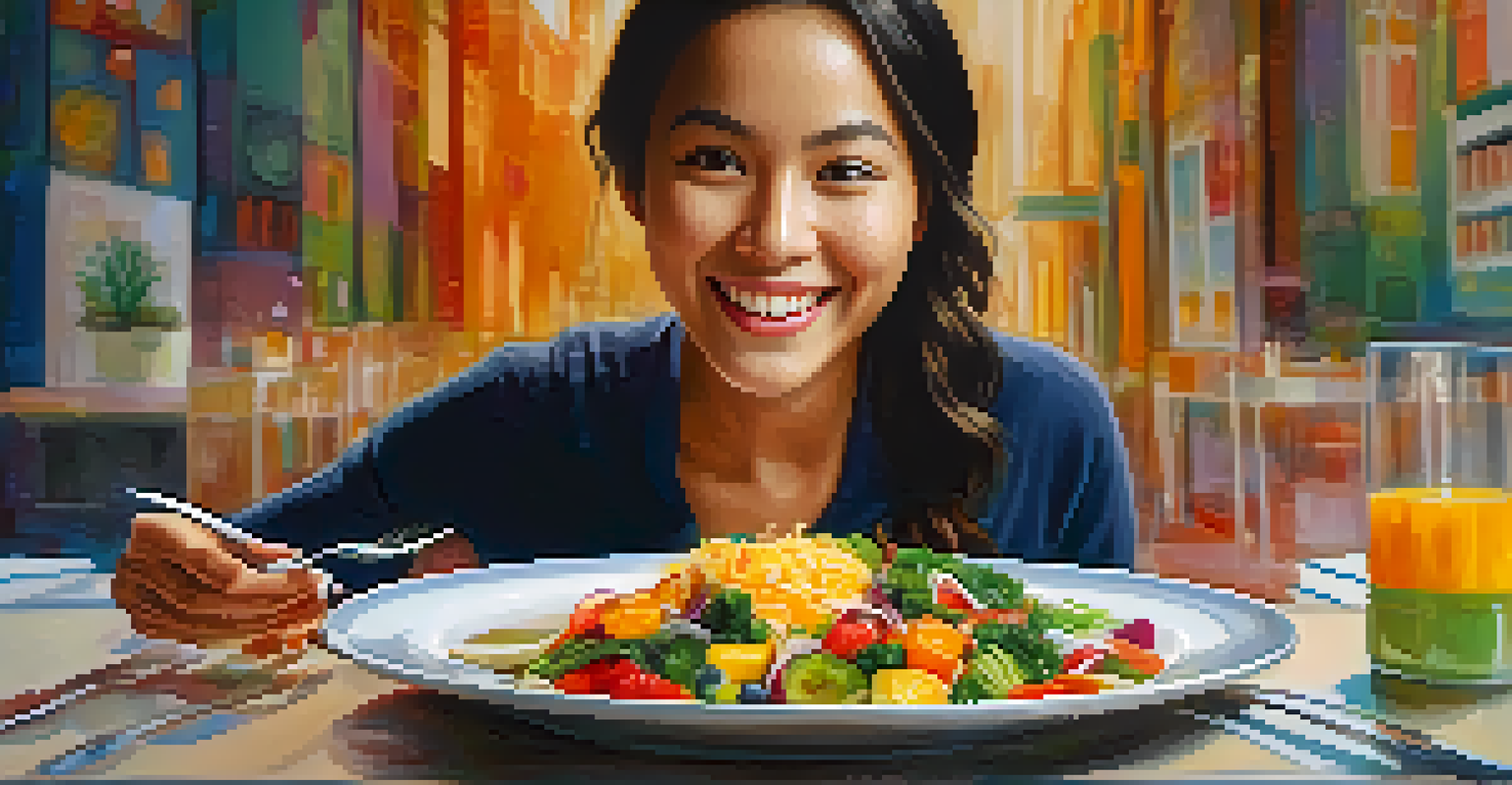 A close-up of a person savoring a colorful bite of food, showcasing their joyful expression while eating mindfully.