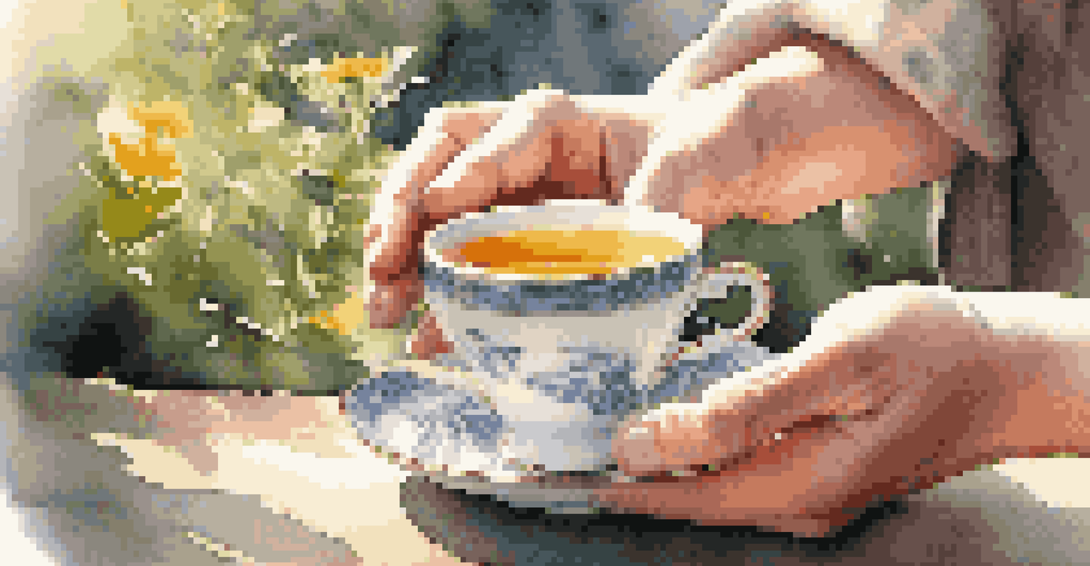 A person holding a steaming cup of herbal tea, with a softly blurred garden in the background.
