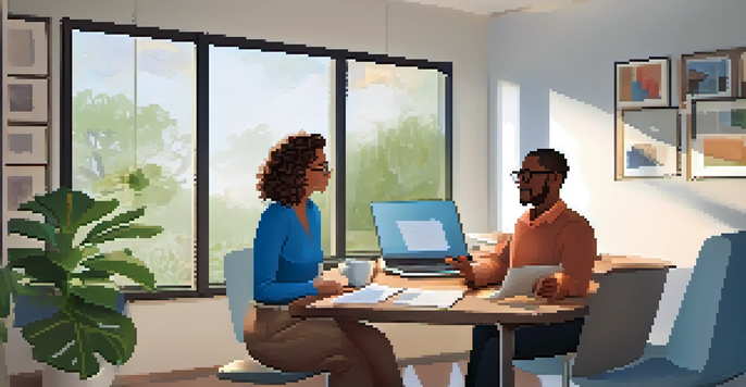 A wellness coach and her client discussing health goals in a cozy office with natural light and plants.
