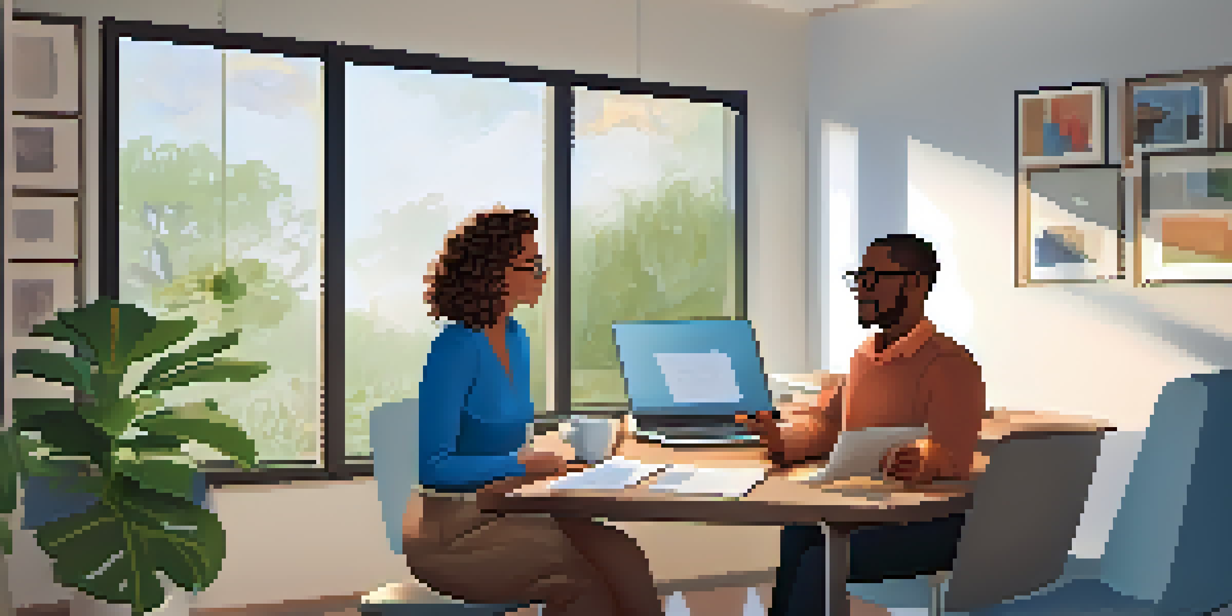 A wellness coach and her client discussing health goals in a cozy office with natural light and plants.