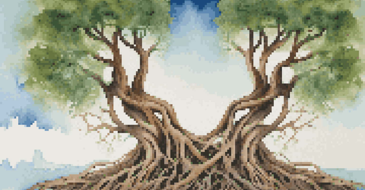Intertwined roots of two trees symbolizing connection and growth in relationships.