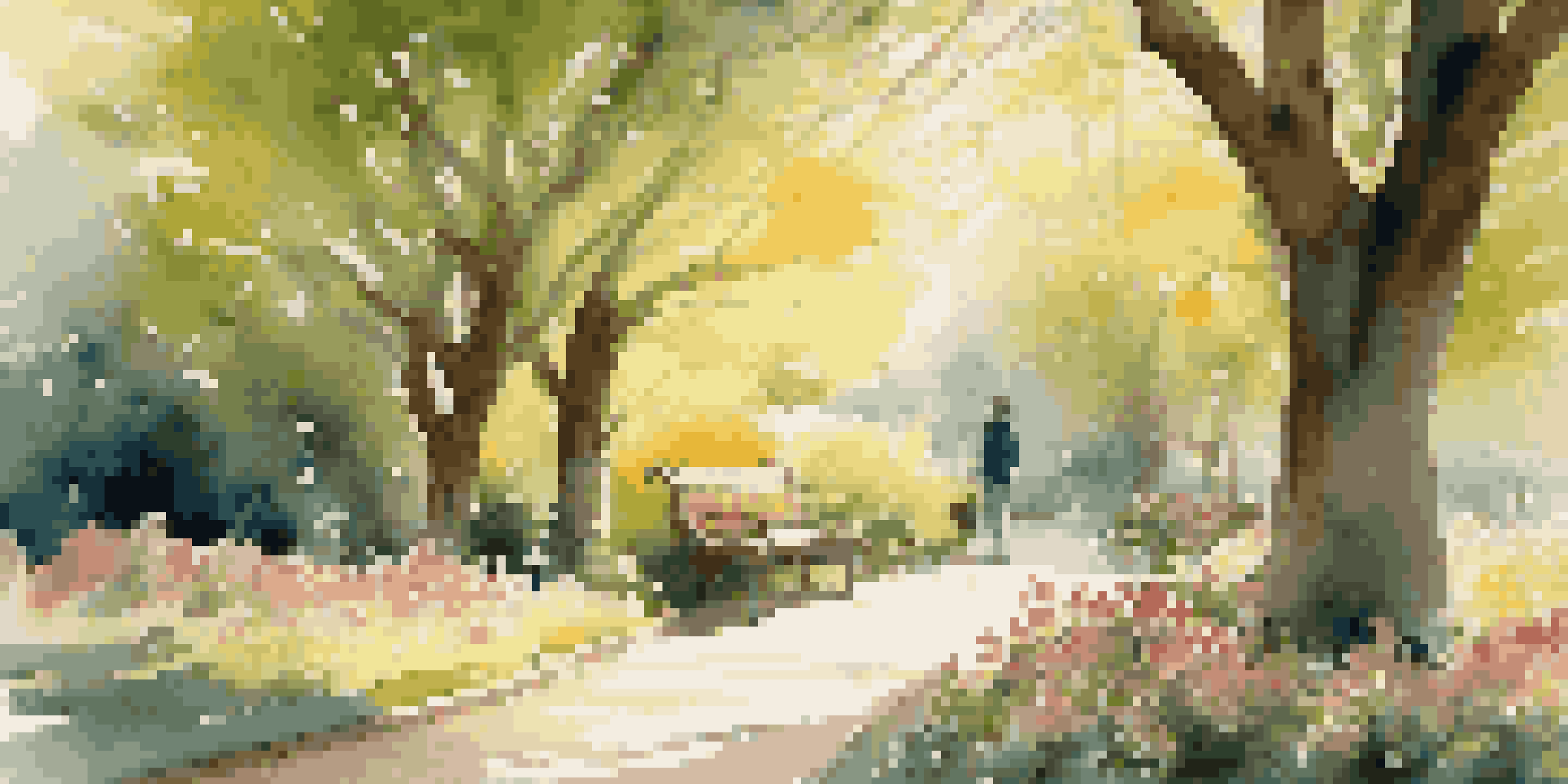 A peaceful park scene with a person reading on a bench, surrounded by flowers and trees, illuminated by soft sunlight.