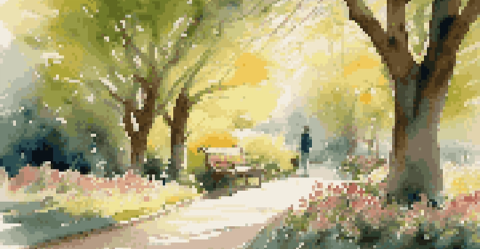 A peaceful park scene with a person reading on a bench, surrounded by flowers and trees, illuminated by soft sunlight.