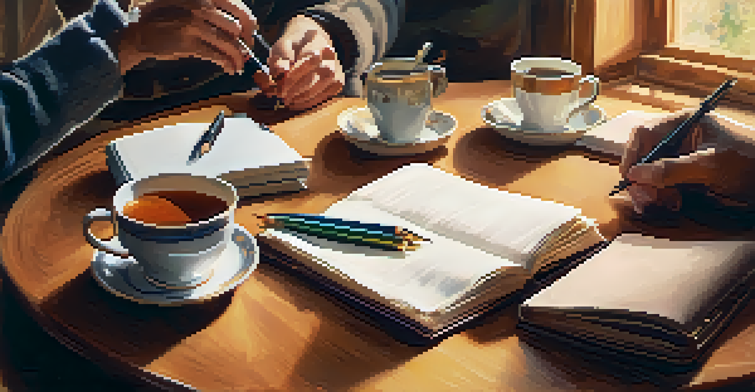Close-up of hands holding a cup of tea on a table with notebooks and pens, symbolizing comfort in a peer support environment.