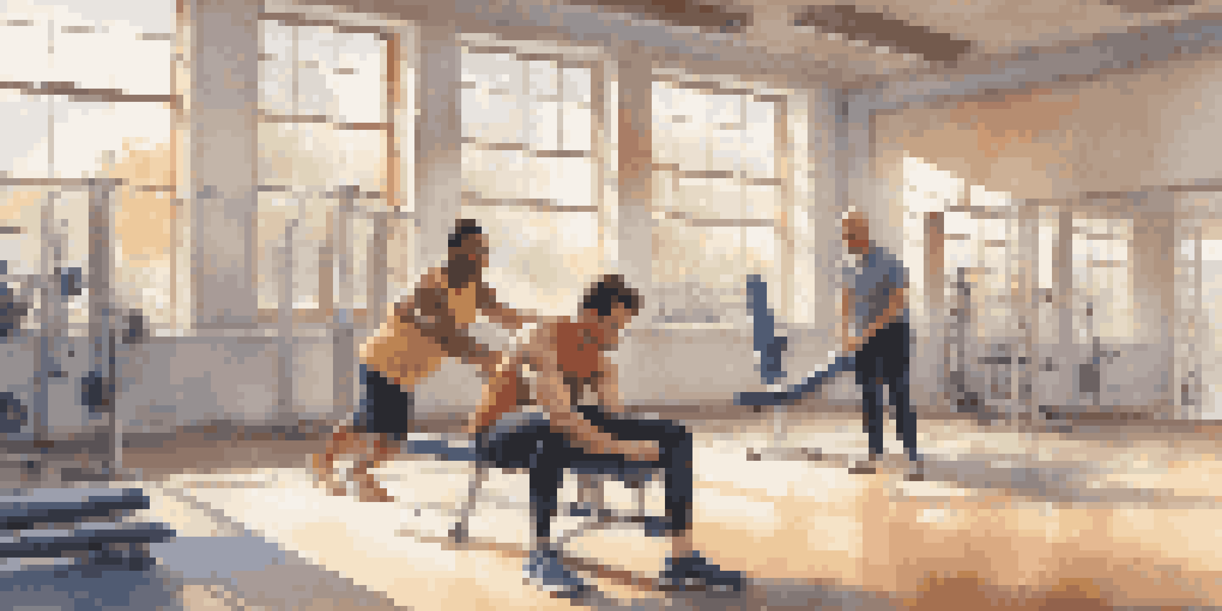 A coach demonstrating stretching techniques to an injured athlete in a rehabilitation gym, with motivational posters and bright natural light.