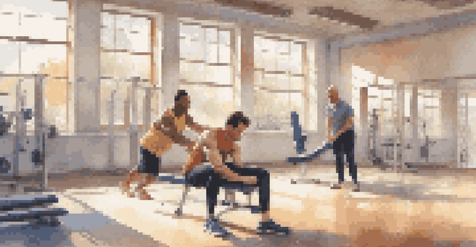 A coach demonstrating stretching techniques to an injured athlete in a rehabilitation gym, with motivational posters and bright natural light.