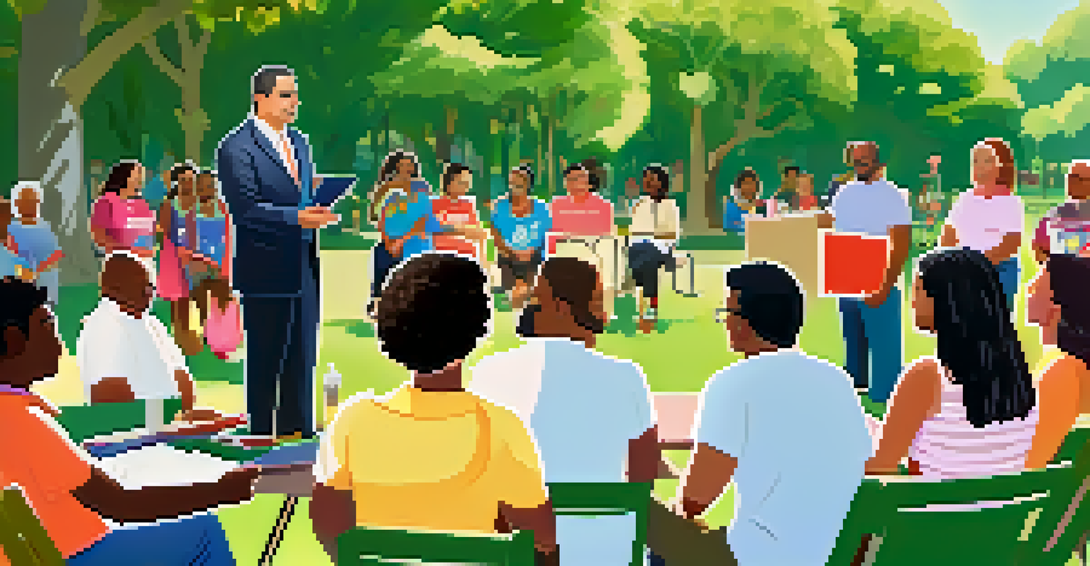 A community leader speaking to a diverse group in a park, surrounded by health resources, emphasizing trust and outreach.