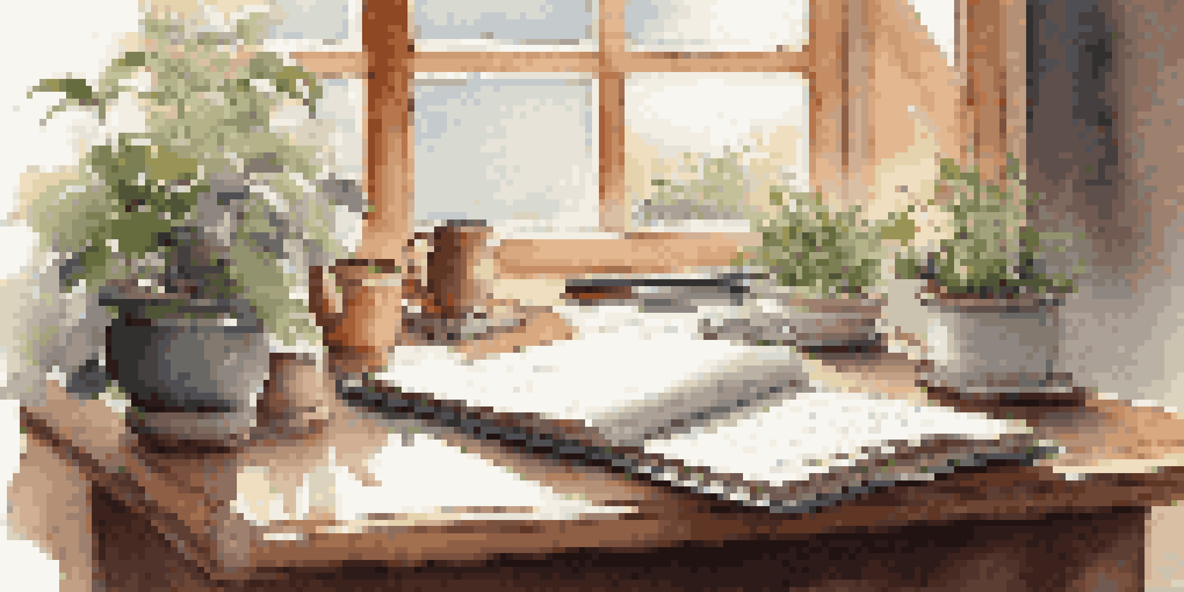 A wooden desk with an open journal, a cup of tea, and a potted plant, illuminated by natural light.