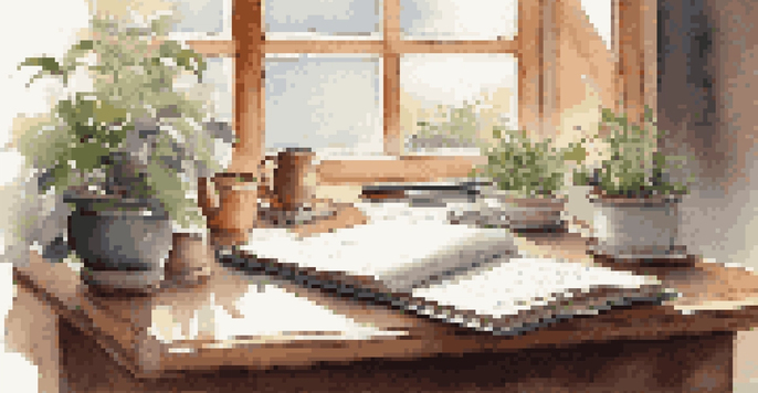 A wooden desk with an open journal, a cup of tea, and a potted plant, illuminated by natural light.