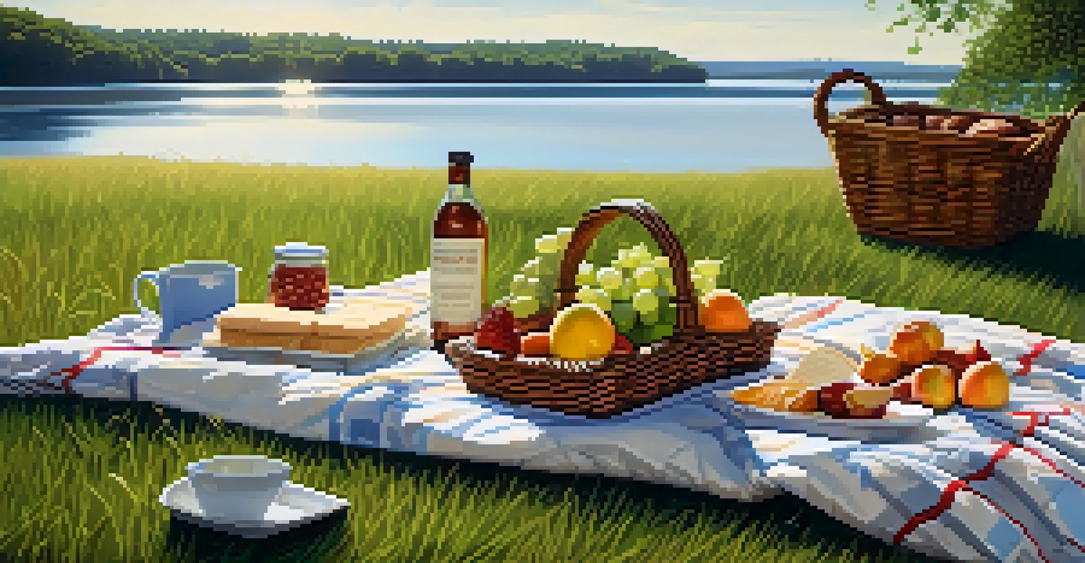A peaceful picnic setup in nature with a blanket, basket of whole foods, and a scenic lake in the background.