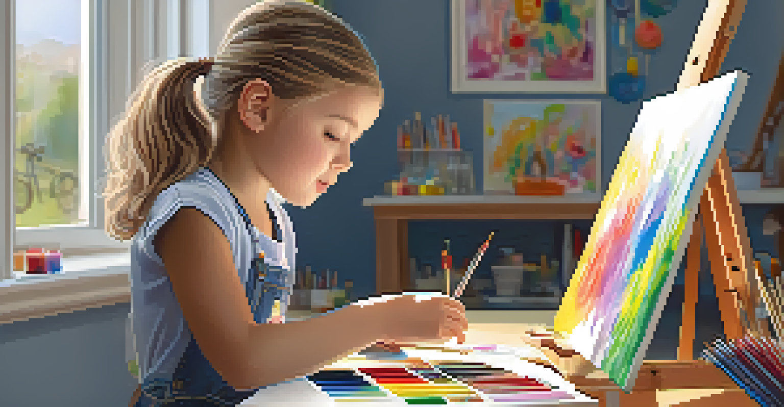 A young girl painting at an easel during art therapy, surrounded by her colorful artwork in a bright room.