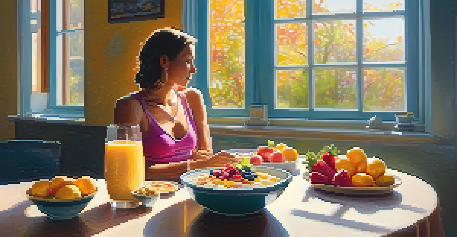 A person enjoying a colorful smoothie bowl filled with fruits and nuts at a breakfast table with morning light.