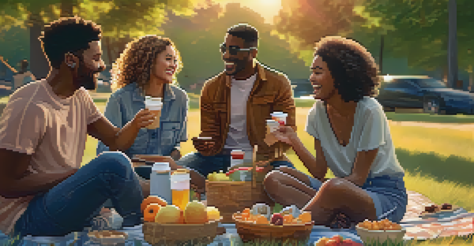 A diverse group of friends having a joyful picnic in a park during sunset, surrounded by snacks and laughter.