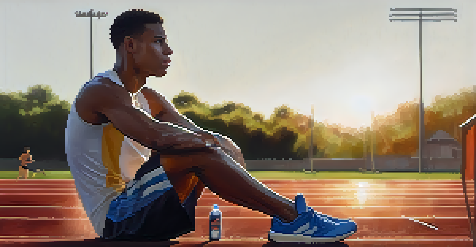 A male athlete sitting on a track field, holding a water bottle, looking relaxed after a workout, with sunlight illuminating the scene.