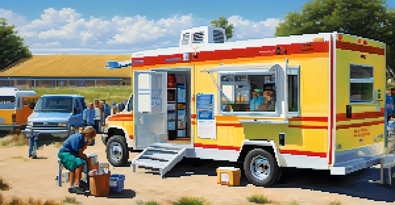 Close-up of a mobile health clinic in a rural area, with healthcare providers assisting residents, surrounded by fields and blue sky.