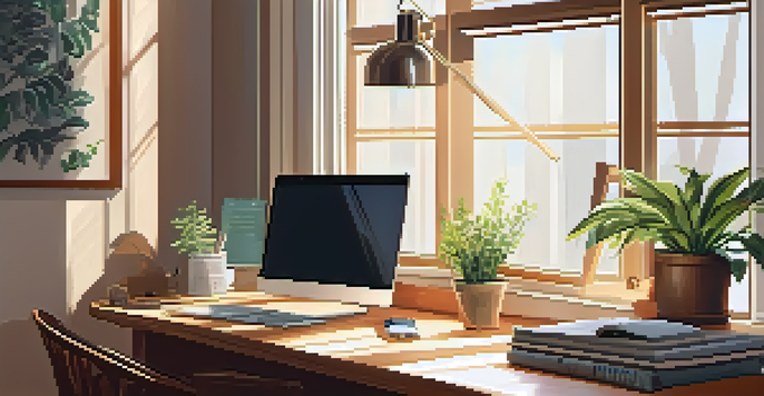 A cozy home office with a wooden desk, laptop, and a potted plant, illuminated by soft natural light.