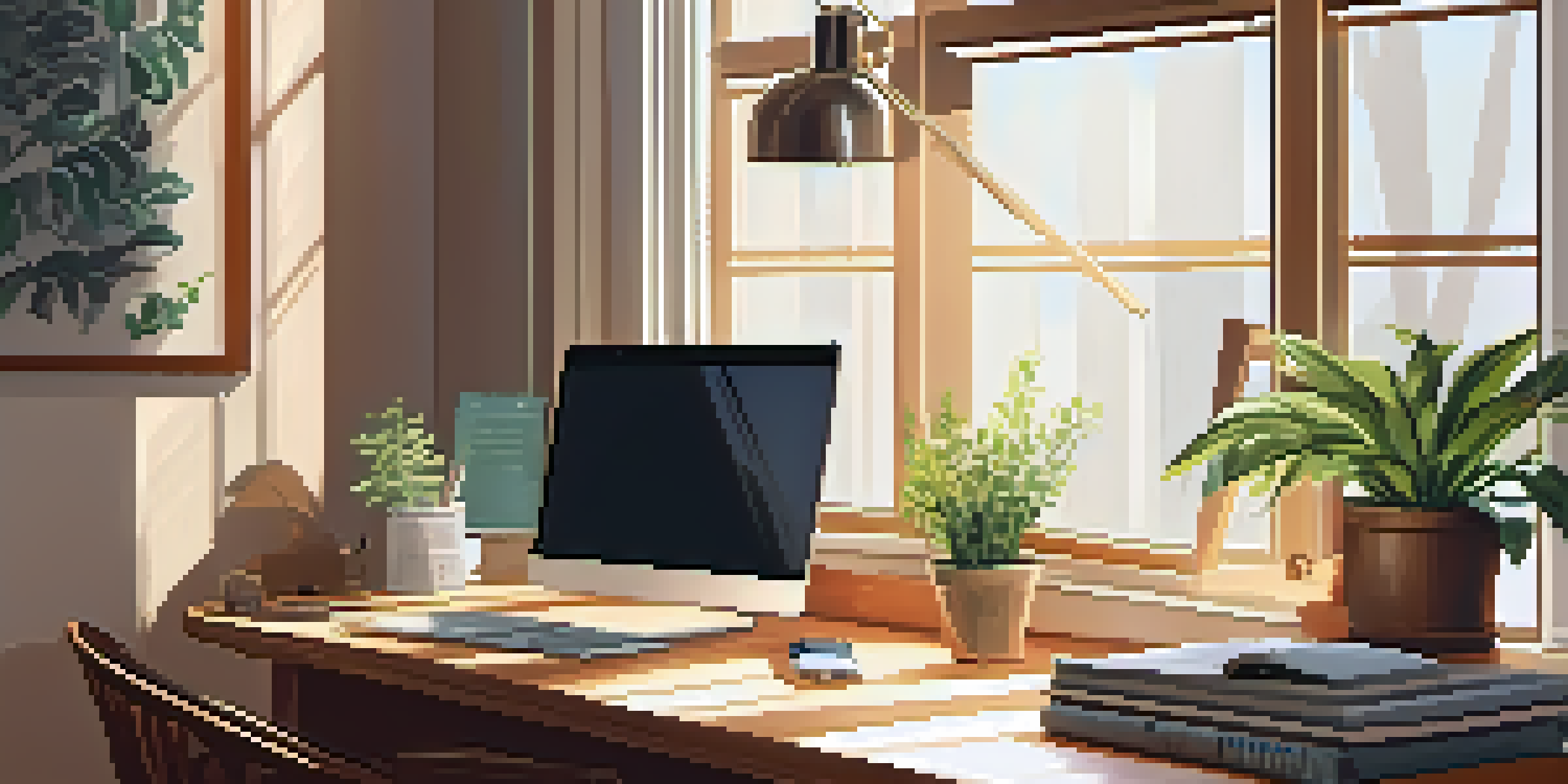 A cozy home office with a wooden desk, laptop, and a potted plant, illuminated by soft natural light.
