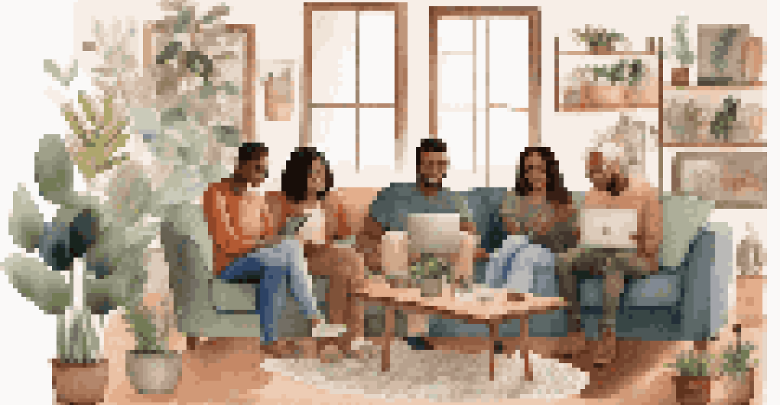 A group of diverse friends in a cozy living room, sharing their online experiences, with warm lighting and comfortable seating, emphasizing friendship and support.