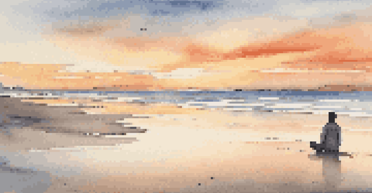 A person meditating on a beach during sunset, with soft waves and a colorful sky.