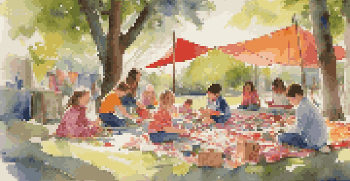 Children playing outside, building a fort with colorful blankets and painting on easels under sunlight.