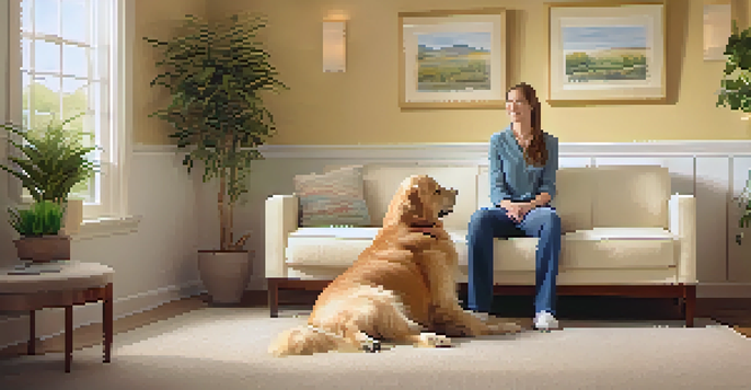 A therapy room with a golden retriever sitting beside a patient on a couch, showcasing a calming atmosphere.