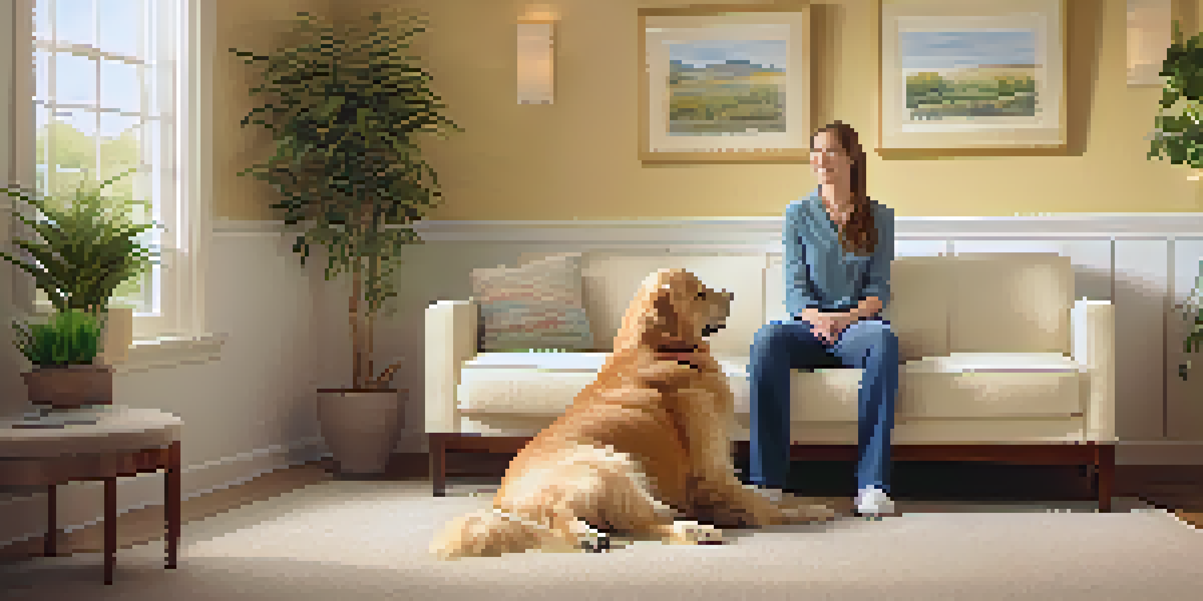 A therapy room with a golden retriever sitting beside a patient on a couch, showcasing a calming atmosphere.