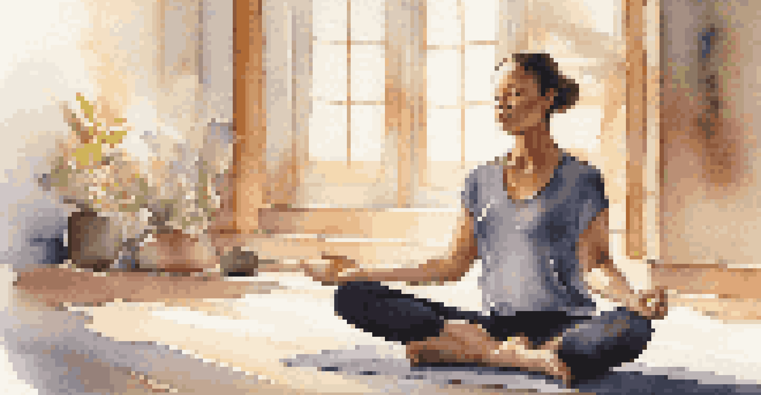 A person practicing mindfulness in a sunlit room, sitting cross-legged on a yoga mat with candles around them.