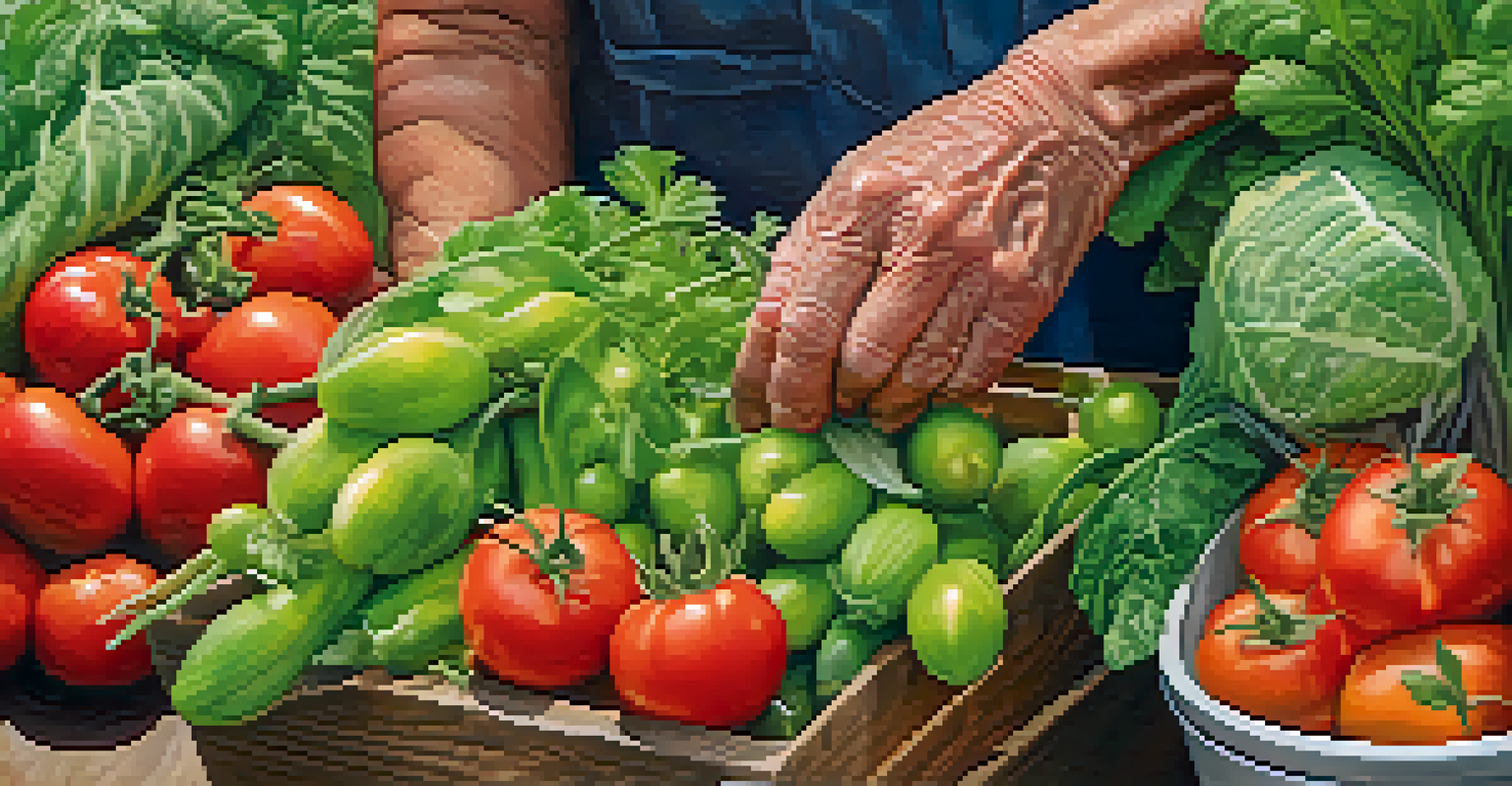 A close-up of fresh vegetables being harvested from a community garden by an older adult, emphasizing the joy of gardening and fresh produce.