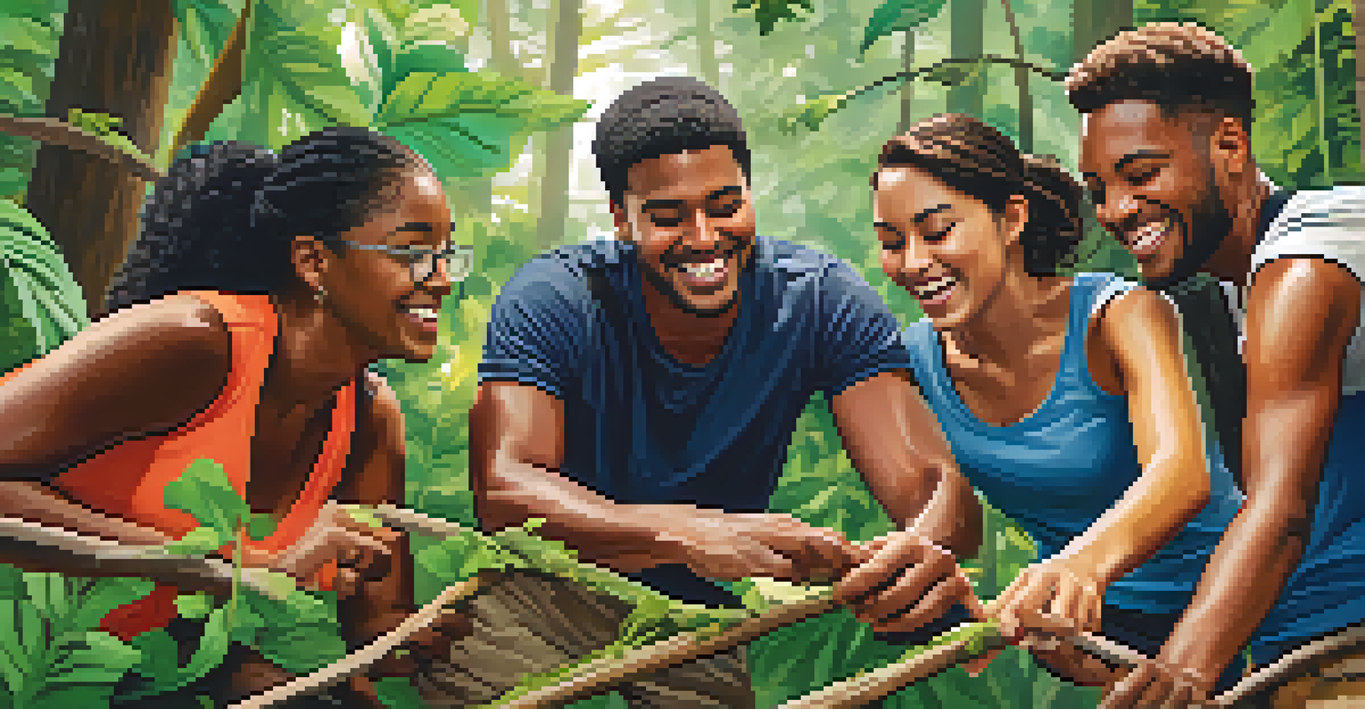 A diverse group of individuals participating in a team-building activity in a forest setting.