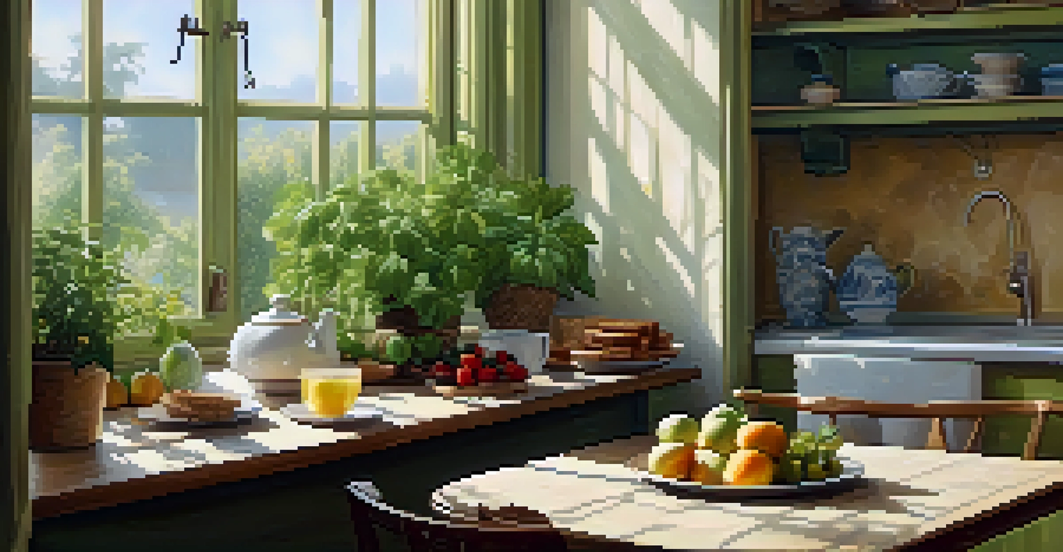 A cozy kitchen with a breakfast setting that includes fresh fruits and herbal tea, illuminated by sunlight.