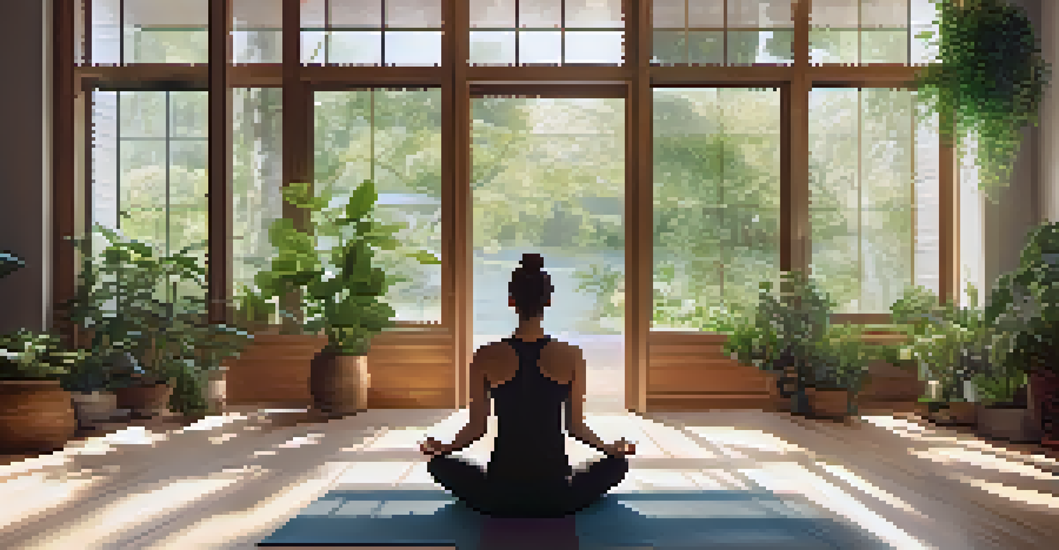 A person practicing yoga in a tranquil indoor setting, surrounded by plants and natural light, evoking peace and mindfulness.