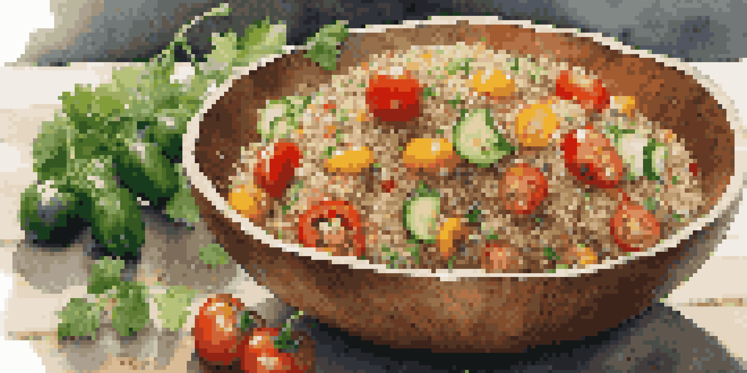 A colorful grain salad with quinoa, bell peppers, cucumbers, cherry tomatoes, and fresh herbs in a wooden bowl, illuminated by soft natural light.