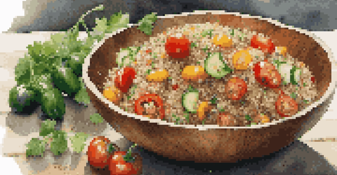 A colorful grain salad with quinoa, bell peppers, cucumbers, cherry tomatoes, and fresh herbs in a wooden bowl, illuminated by soft natural light.