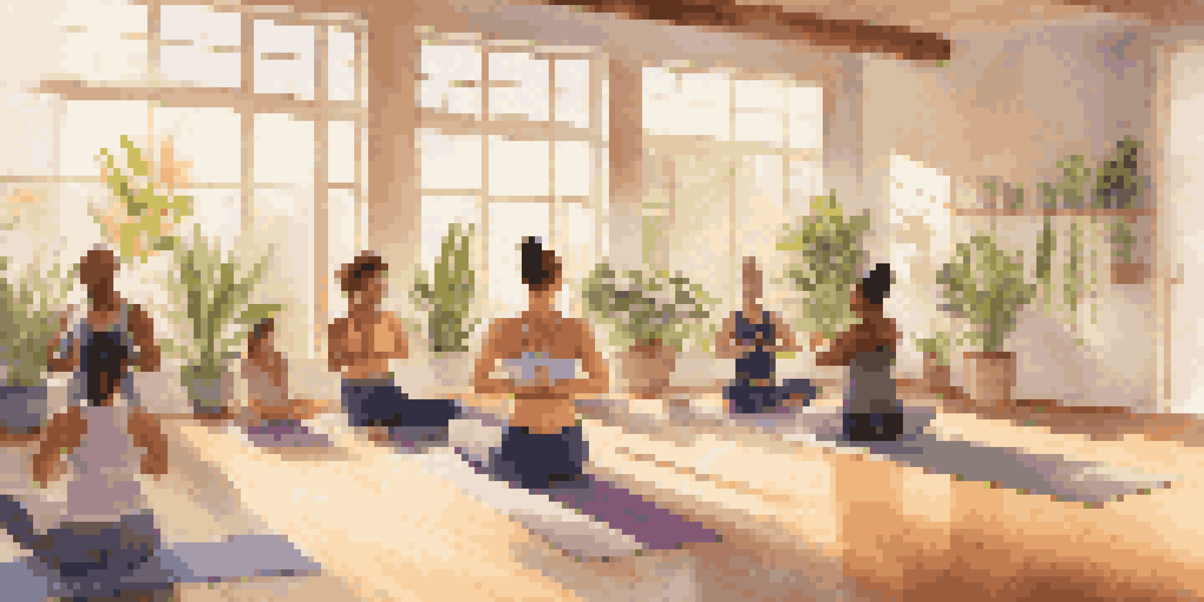 A diverse group of individuals practicing yoga in a sunlit studio, with large windows and plants creating a calm atmosphere.