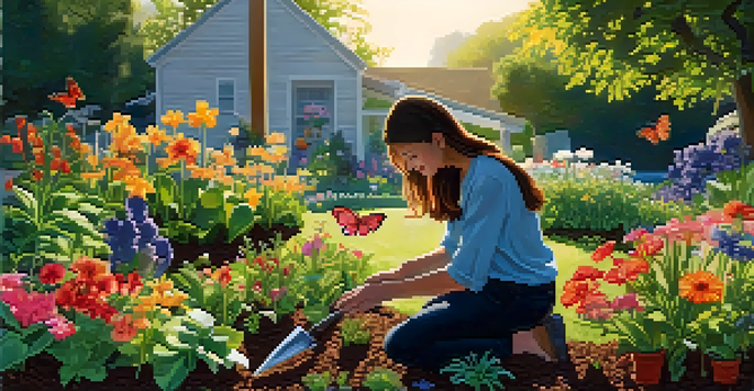 A person kneeling in a colorful garden, planting seedlings with butterflies around and the sun shining.